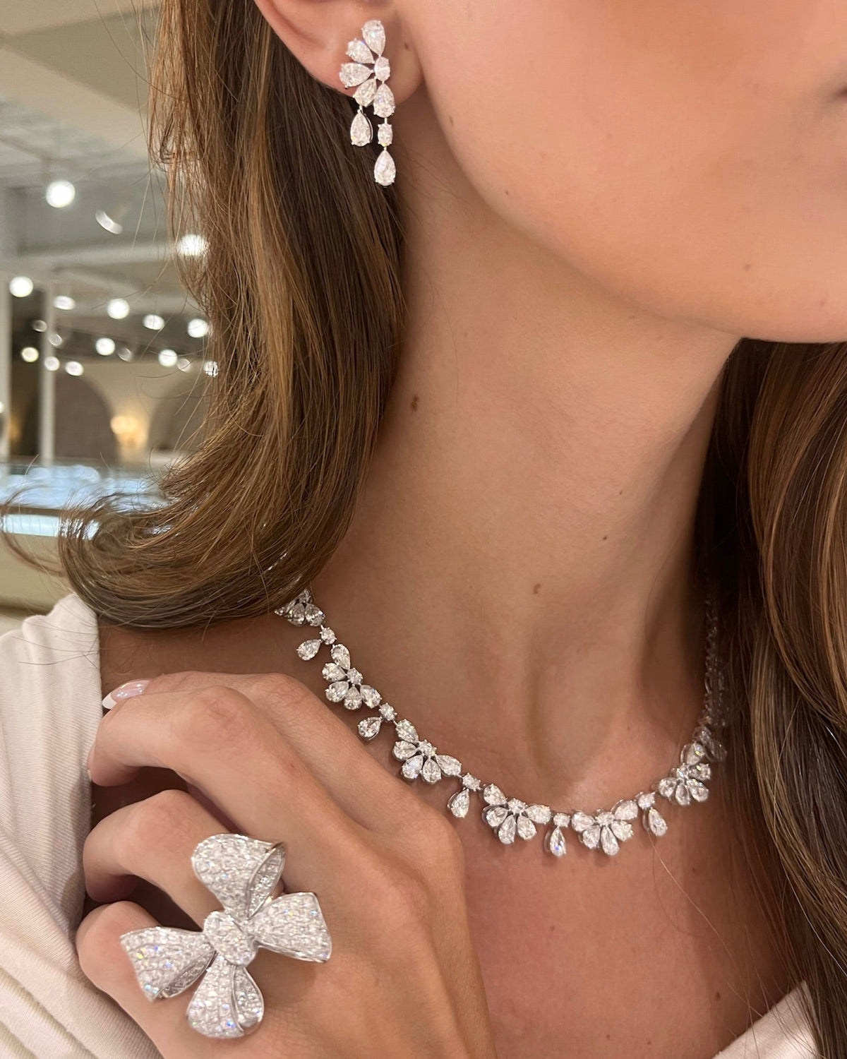Pear & Oval Diamond Tennis Necklace,Martha May Pave Diamond Bow Cocktail Ring 5 ctw,Duchess Pear & Oval Diamond Dangle Earrings 6.82 ctw