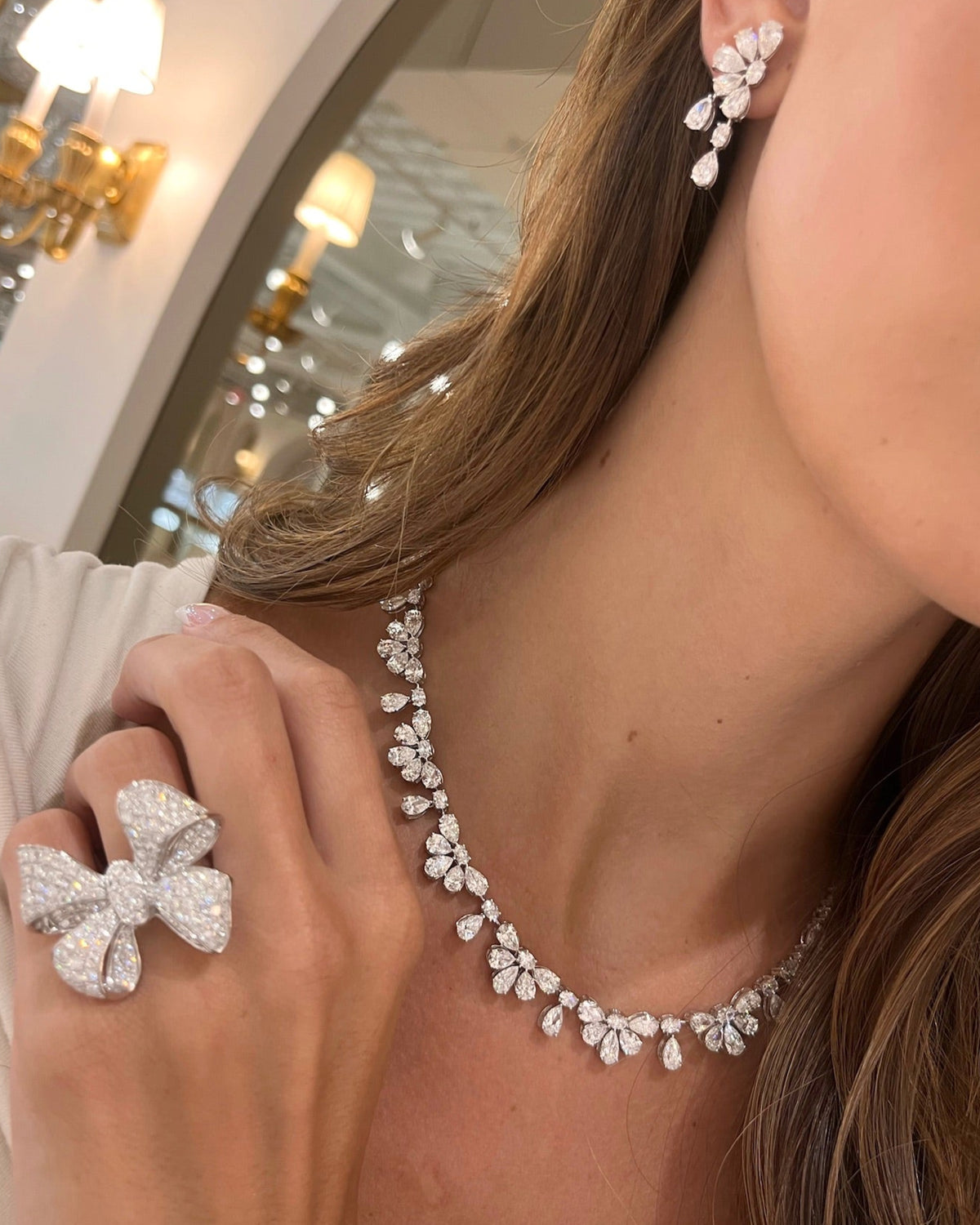 Pear & Oval Diamond Tennis Necklace,Martha May Pave Diamond Bow Cocktail Ring 5 ctw,Duchess Pear & Oval Diamond Dangle Earrings 6.82 ctw
