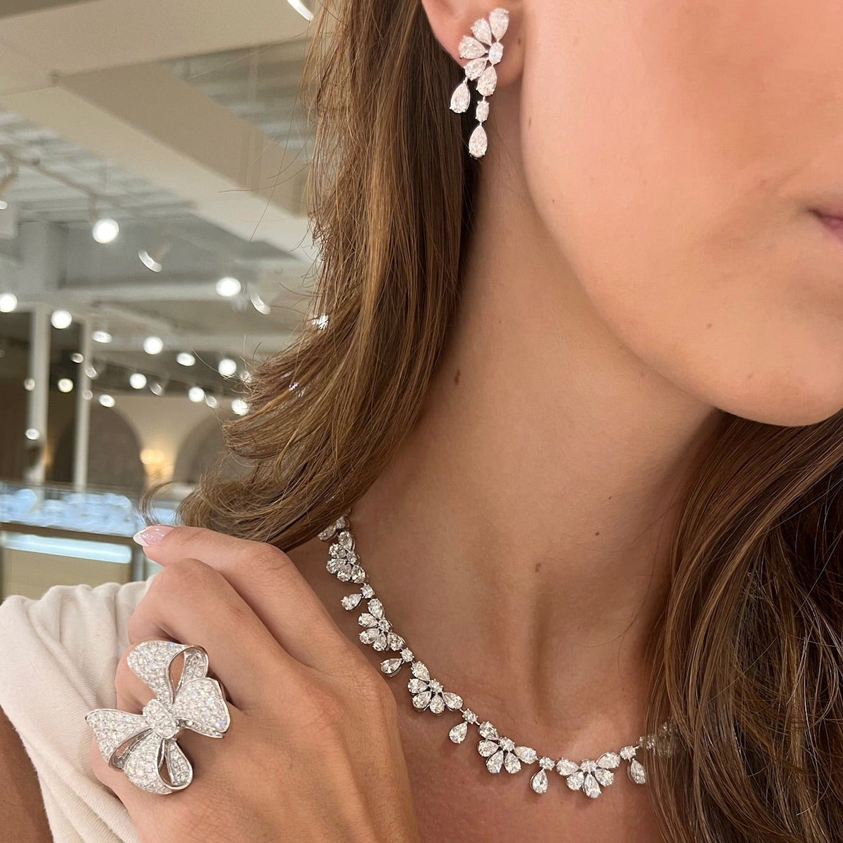 Pear & Oval Diamond Tennis Necklace,Martha May Pave Diamond Bow Cocktail Ring 5 ctw,Duchess Pear & Oval Diamond Dangle Earrings 6.82 ctw