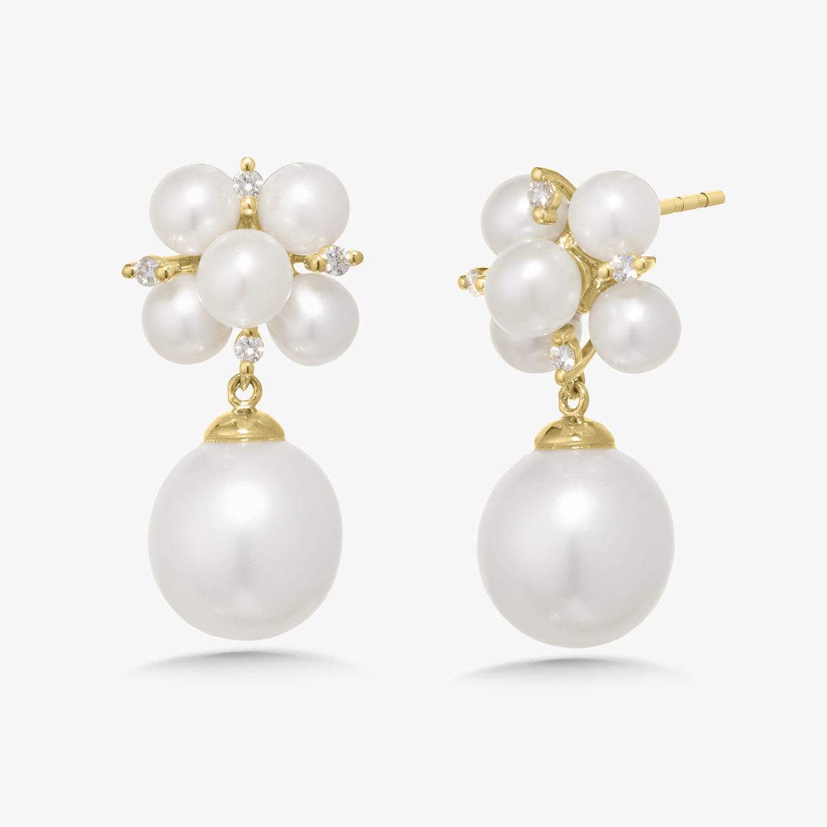 Pearl Cluster and Diamond Dangle Stud Earrings