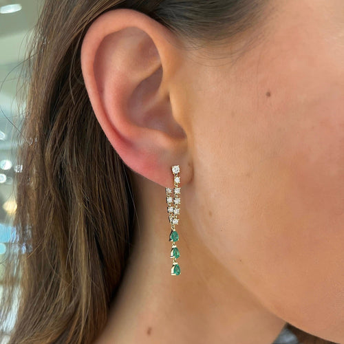Portia Round Diamond & Emerald Pear Dangle Stud Earrings 1.53 ctw
