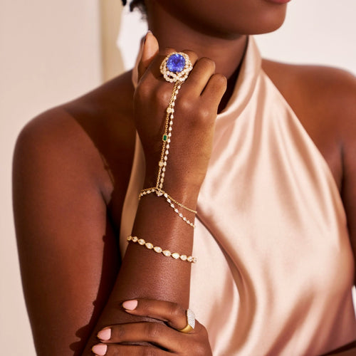Portia Emerald Bezel Hand Chain Bracelet 0.56 ctw  and paulina pear handchain bezel chasing pears