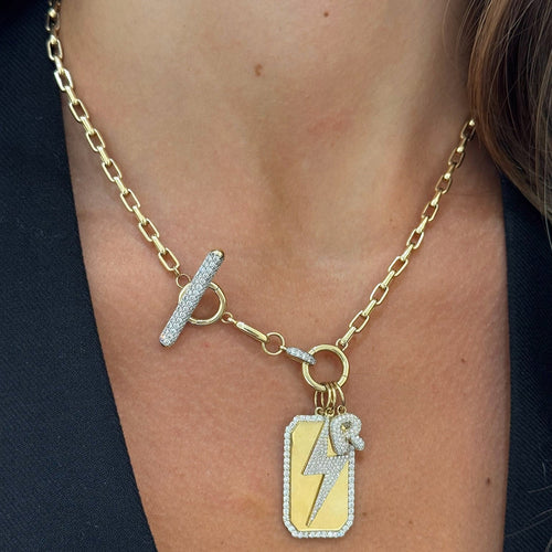 Skyler Pave Diamond Lightning Bolt Charm, Clipped Corners Gold Dog Tag with Diamond Outline Charm, Puffy Bubble Initial Pave Diamond Charm, Rectangle Rolo Chain With Diamond Toggle & Removable Lariat
