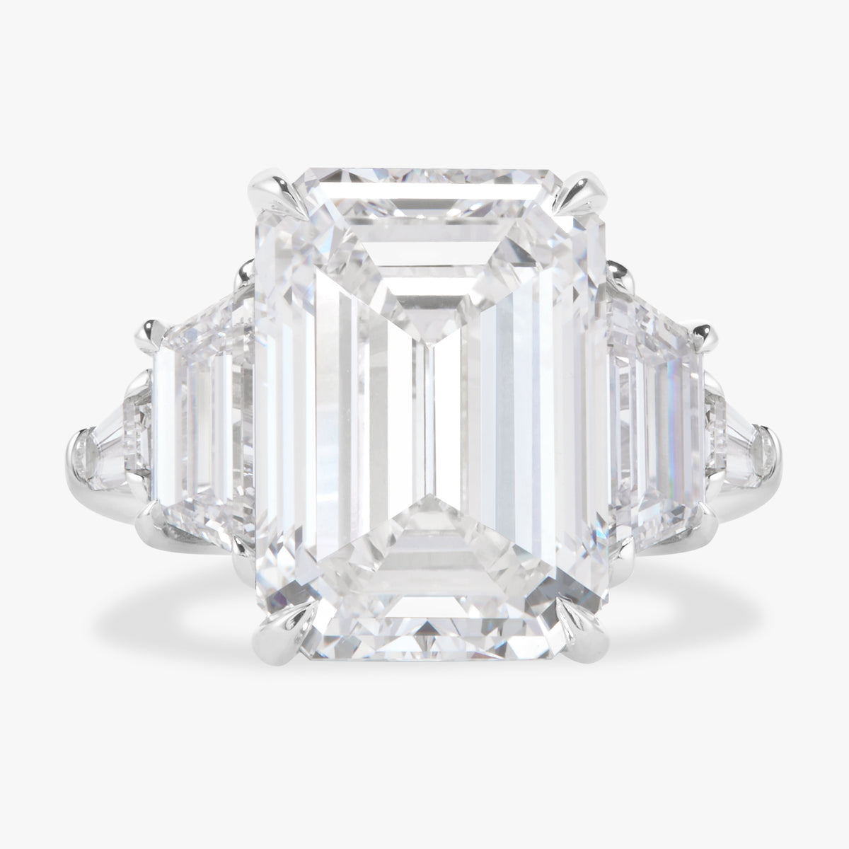 12.26ct Lab Grown Emerald Cut Diamond in a Five-Stone Setting with Step-cut Trapezoids and Tapered Baguettes