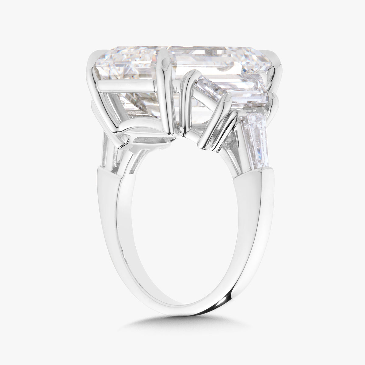 12.26ct Lab Grown Emerald Cut Diamond in a Five-Stone Setting with Step-cut Trapezoids and Tapered Baguettes