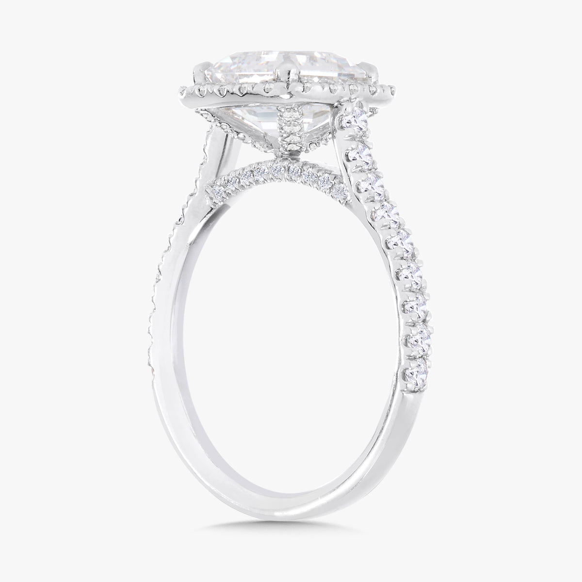 2.05ct Natural Asscher Diamond in a Pavé Cathedral with a Halo and Diamonds on the Bridge