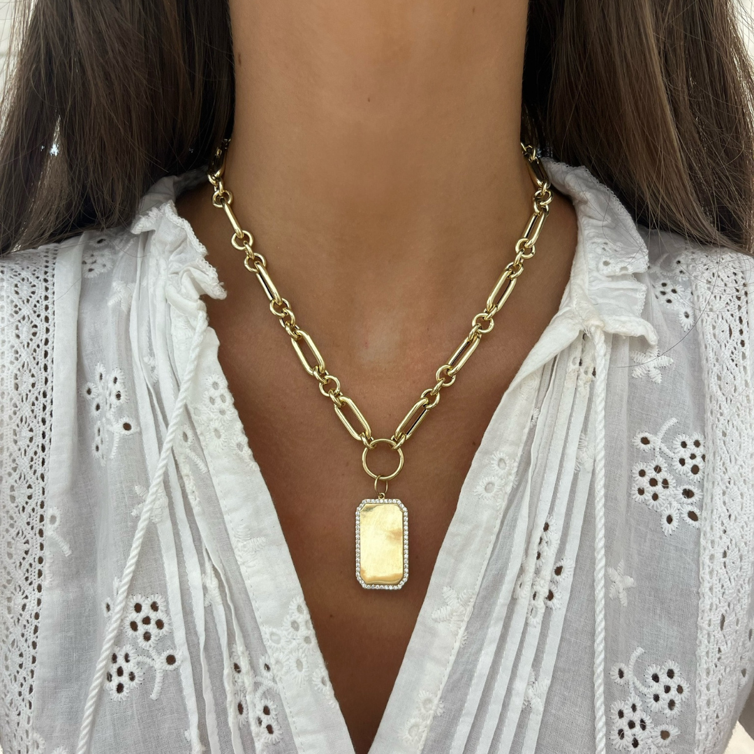 Clipped Corners Gold Dog Tag with Diamond Outline Charm RWFJ