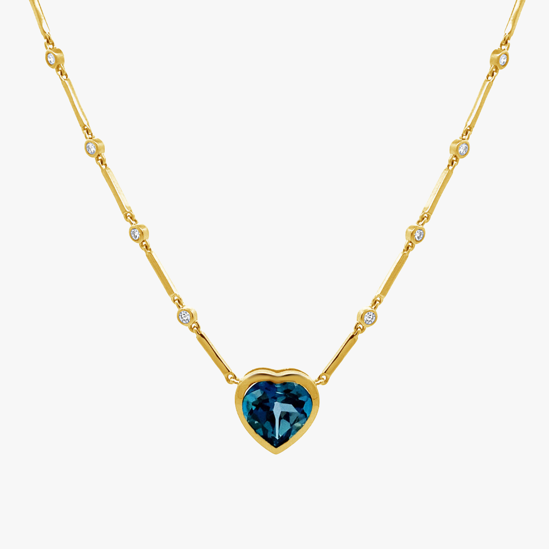 Bianka Blue Topaz Heart & Diamond Bezel Necklace