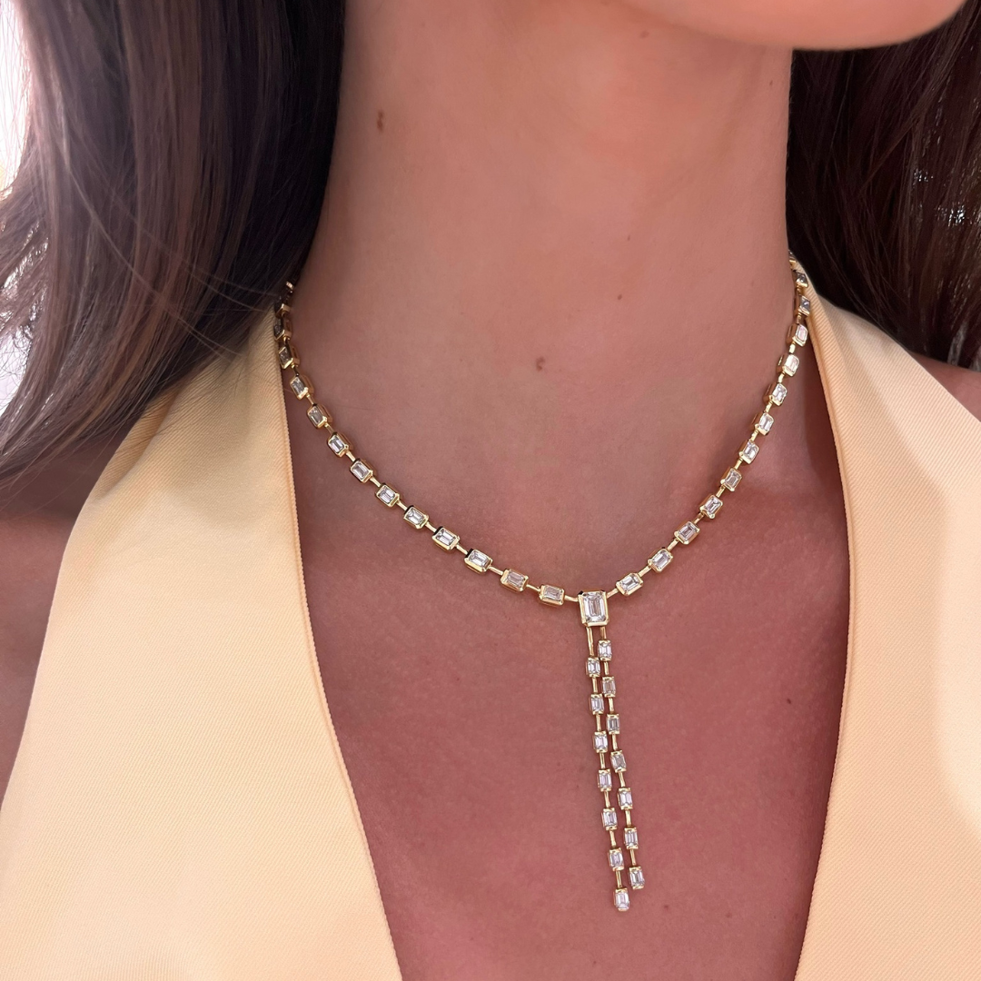 Clara Mae Bezel Set Emerald Cut Diamond Lariat Necklace 10.94 ctw