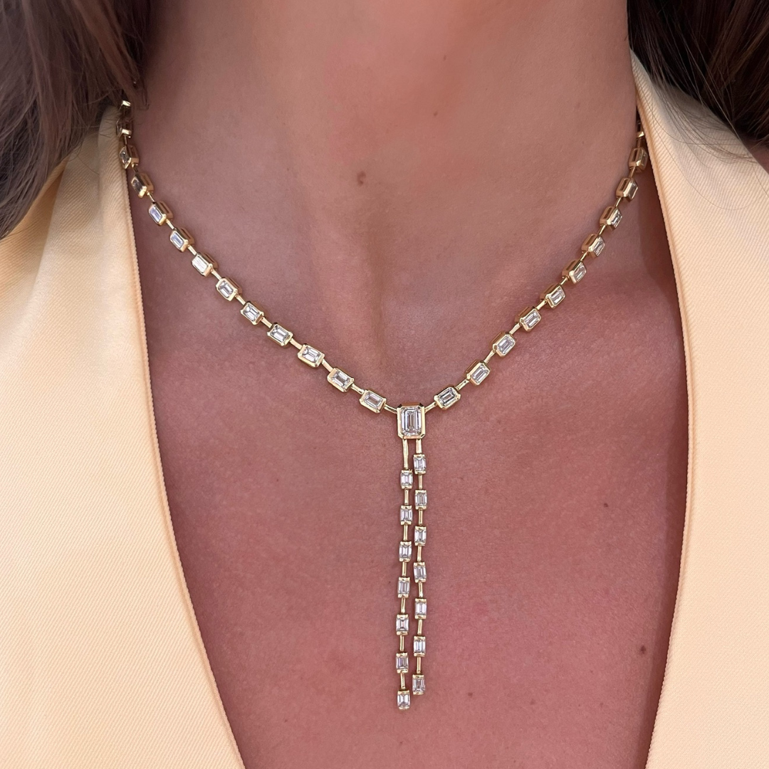 Clara Mae Bezel Set Emerald Cut Diamond Lariat Necklace 10.94 ctw