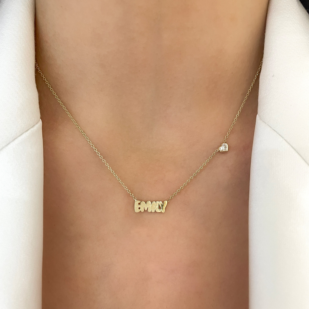 Custom Gold Bubble Name Necklace with Bezeled Heart Diamonds RWFJ
