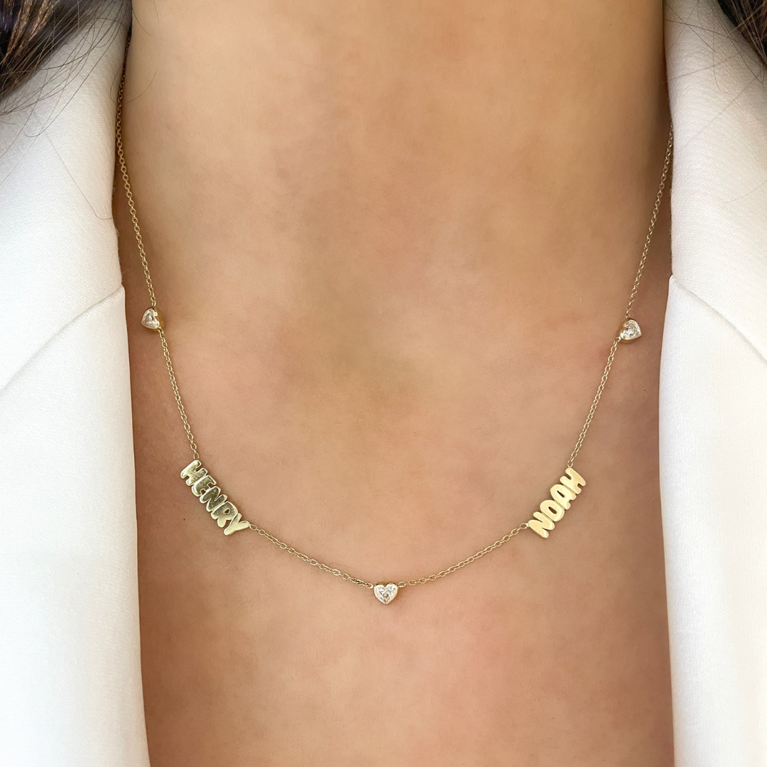 Custom Gold Bubble Name Necklace with Bezeled Heart Diamonds