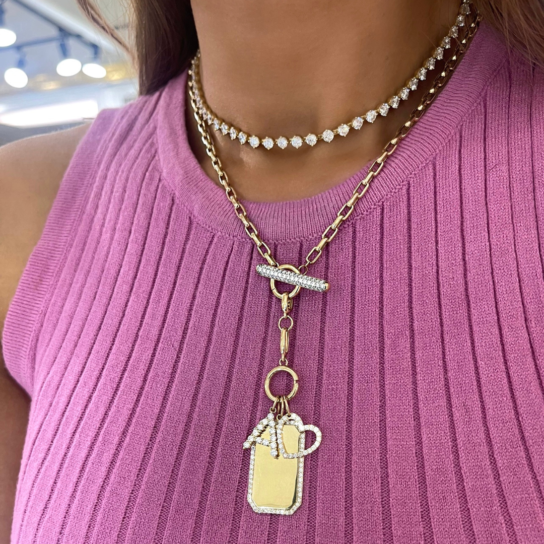 Clipped Corners Gold Dog Tag with Diamond Outline Charm