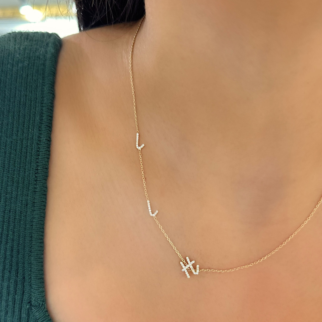 White gold sideways initial 2025 necklace