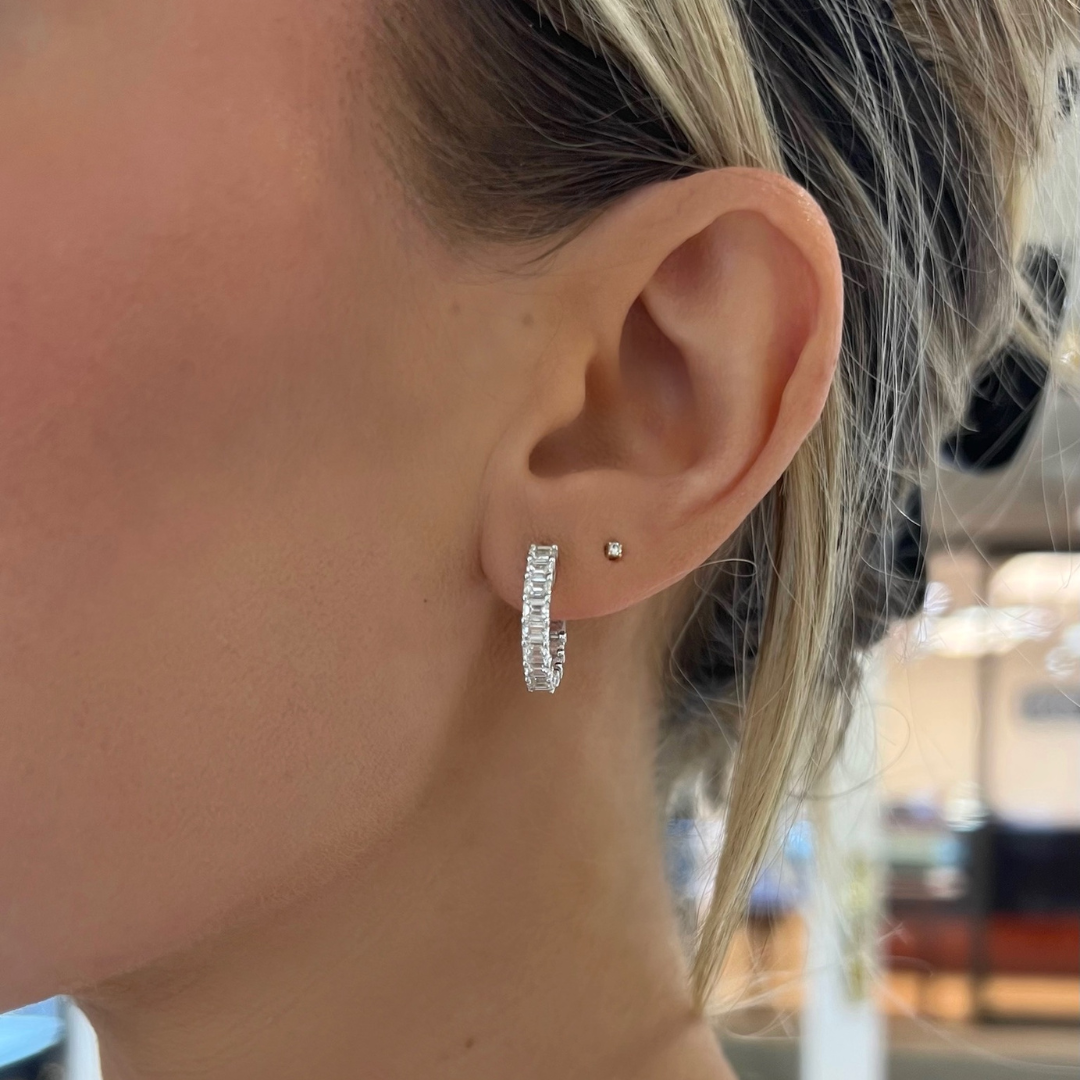 Emerald Cut Diamond Huggie Earrings