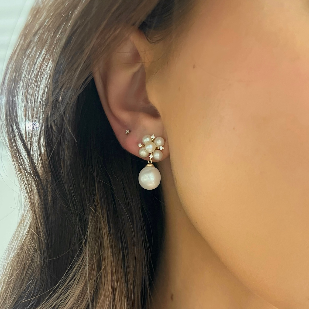 Pearl Cluster and Diamond Dangle Stud Earrings