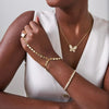 Round Gold Disk Hand Chain Bracelet, Bezel Set Pruitt Mixed Multi Shape Tennis Bracelet 7.23 ctw, Aurelia Asscher Cut Diamond Butterfly Necklace