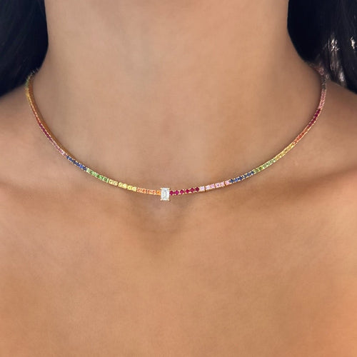 Rainey Rainbow & Emerald Cut Diamond Station Tennis Necklace 4.87 ctw