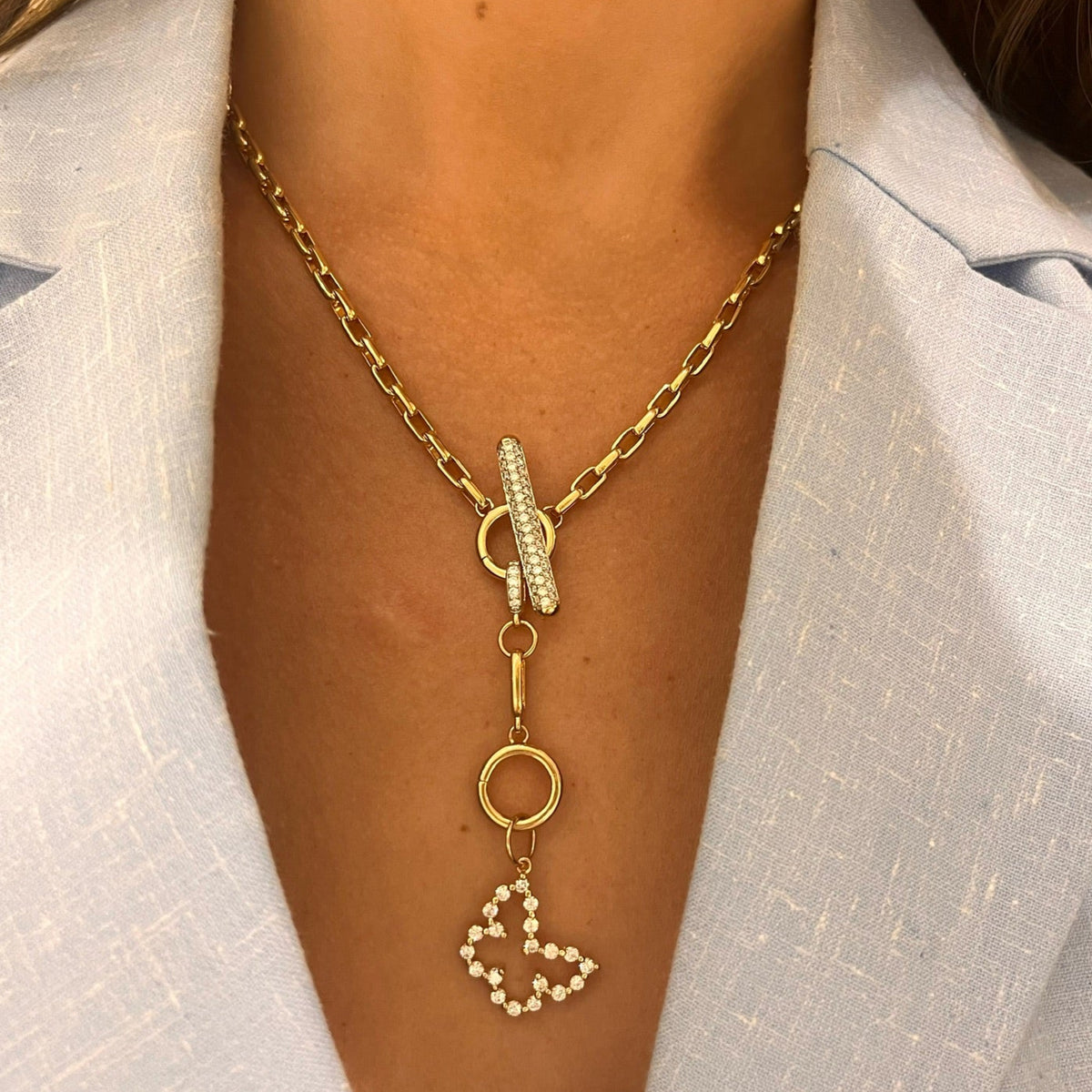 Rectangle Rolo Chain With Diamond Toggle & Removable Lariat, Little Posie Charlie Cloud® Floating Diamond Butterfly Charm 0.70 ctw