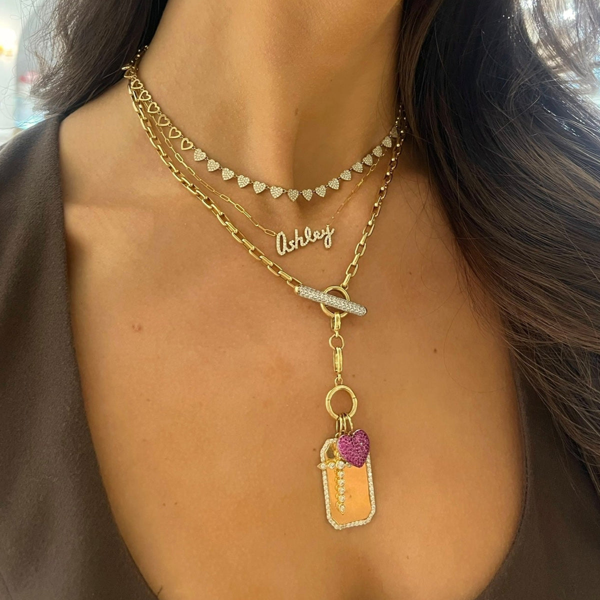 Rectangle Rolo Chain With Diamond Toggle & Removable Lariat, "Heart to Heart" Adjustable Pave Diamond Tennis Necklace, Custom name necklace 