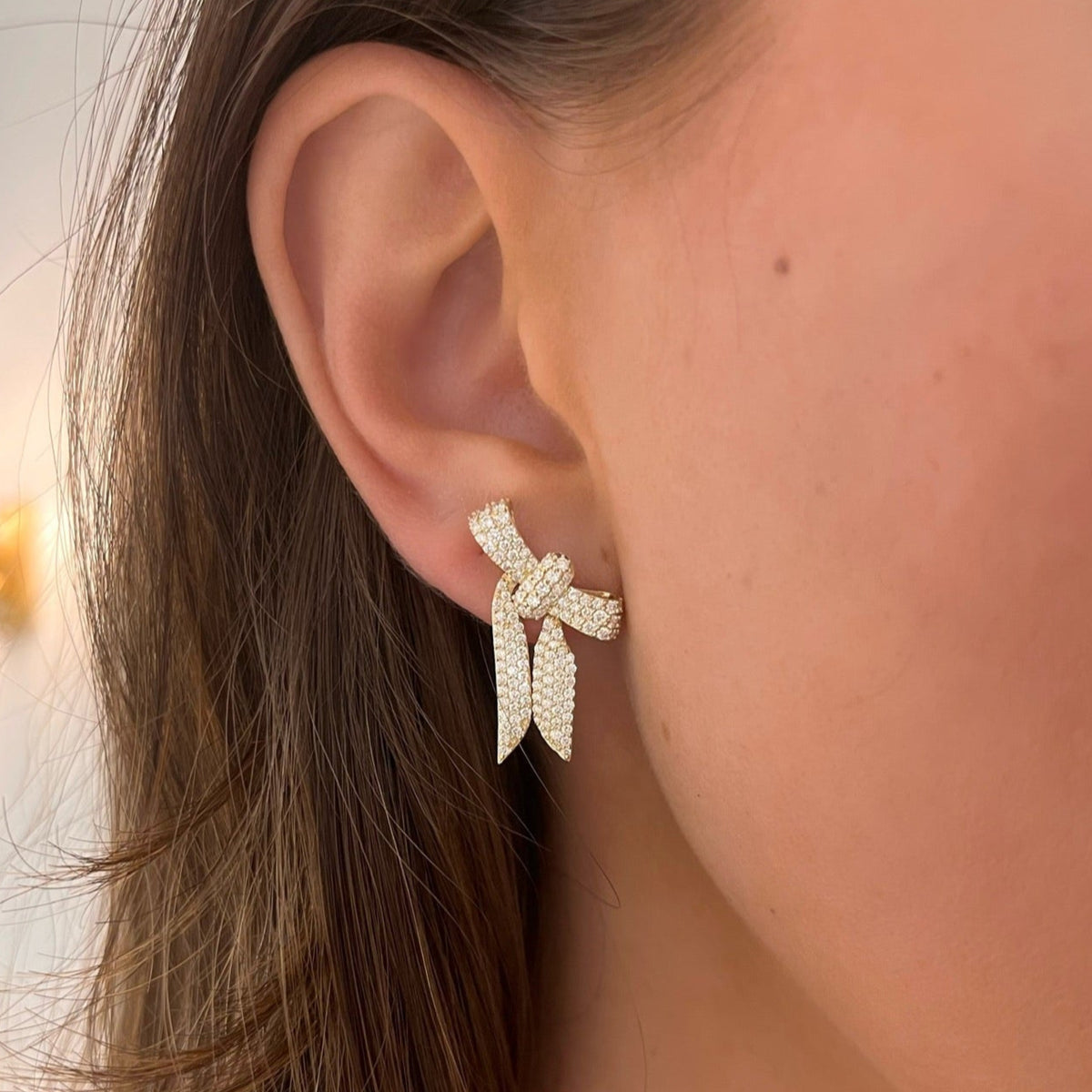 Ribbon Pave Diamond Moveable Bow Studs 