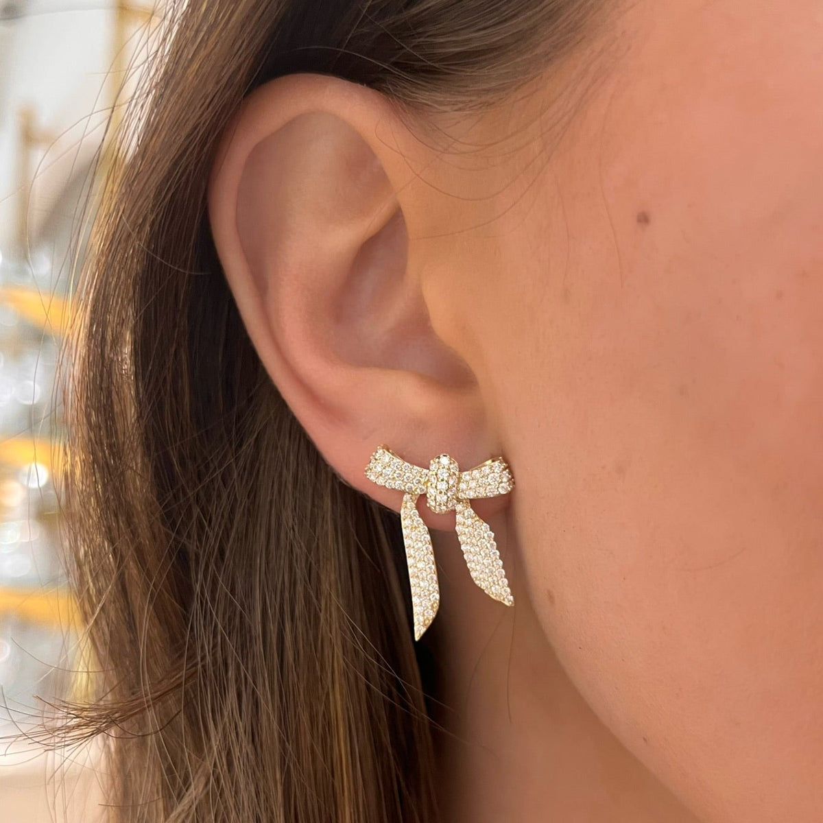 Ribbon Pave Diamond Moveable Bow Studs 