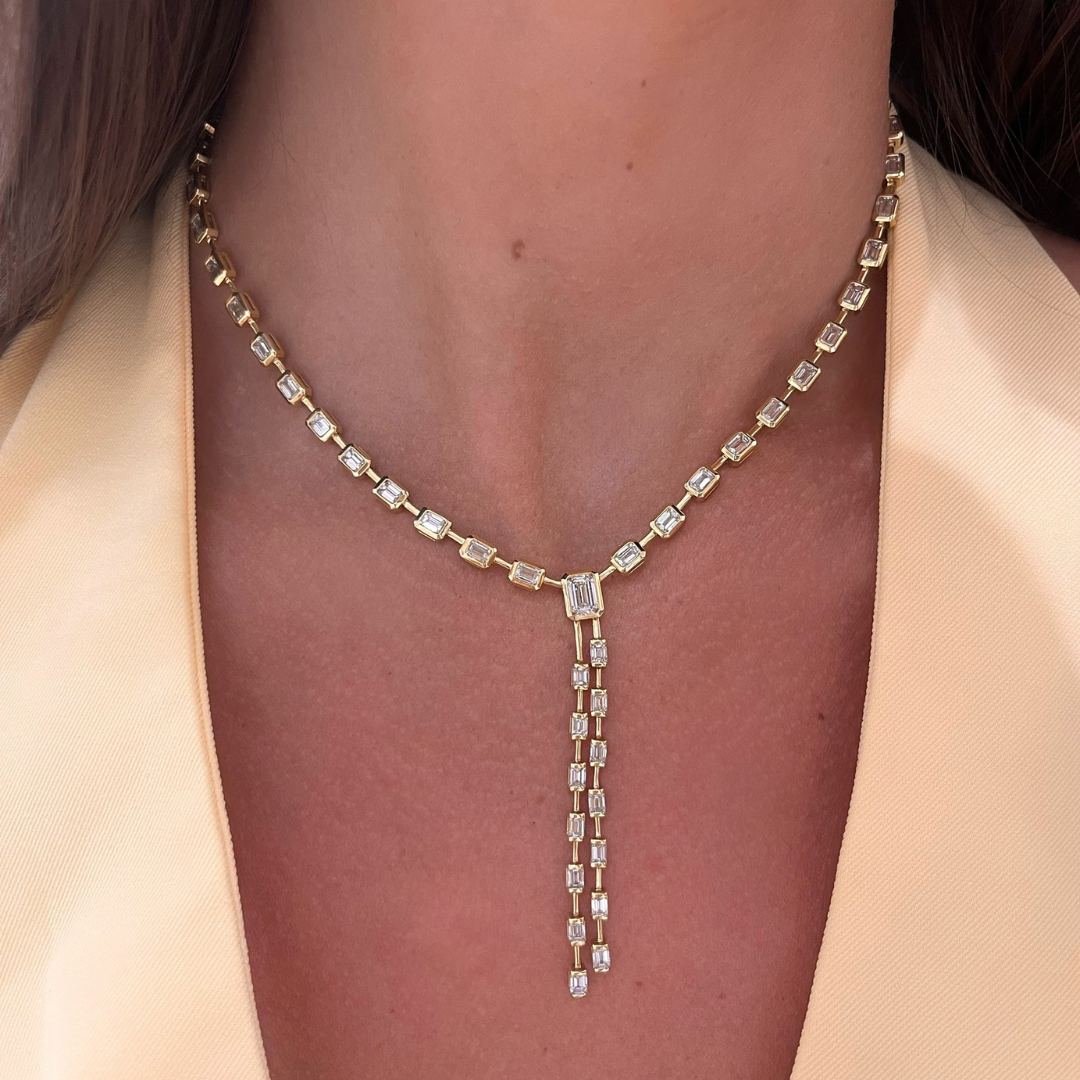 Clara Mae Bezel Set Emerald Cut Diamond Lariat Necklace 10.94 ctw