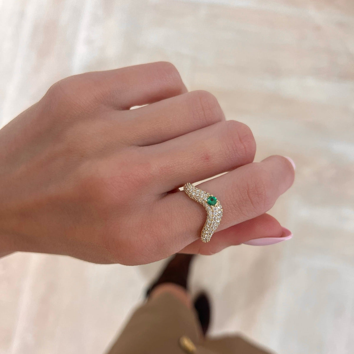 Ronan Emerald and Diamond Pave Swoop Ring