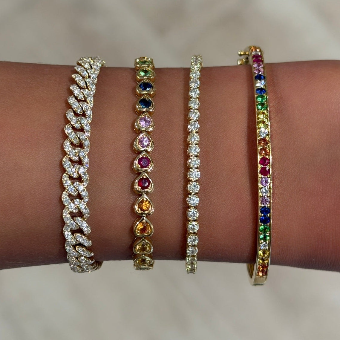 Ryleigh Rainbow Heart Adjustable Tennis Bracelet 3.19 ctw, Skye Rainbow Gemstone and Diamond Bangle Bracelet