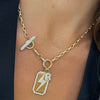 Skyler Pave Diamond Lightning Bolt Charm, Clipped Corners Gold Dog Tag with Diamond Outline Charm, Puffy Bubble Initial Pave Diamond Charm, Rectangle Rolo Chain With Diamond Toggle & Removable Lariat
