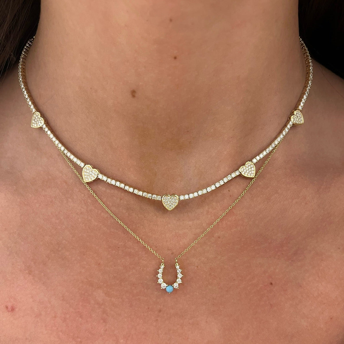 "Five of Hearts" Pave Diamond Tennis Necklace 2.42 ctw, Tate Turquoise Horseshoe Necklace