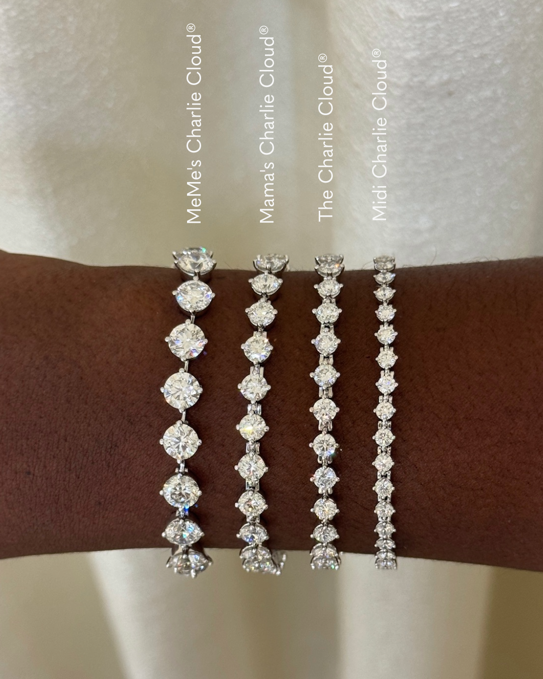 the Charlie Cloud®  tennis bracelet collection. memes, mamas, the Charlie Cloud®  and the midi Charlie Cloud®  