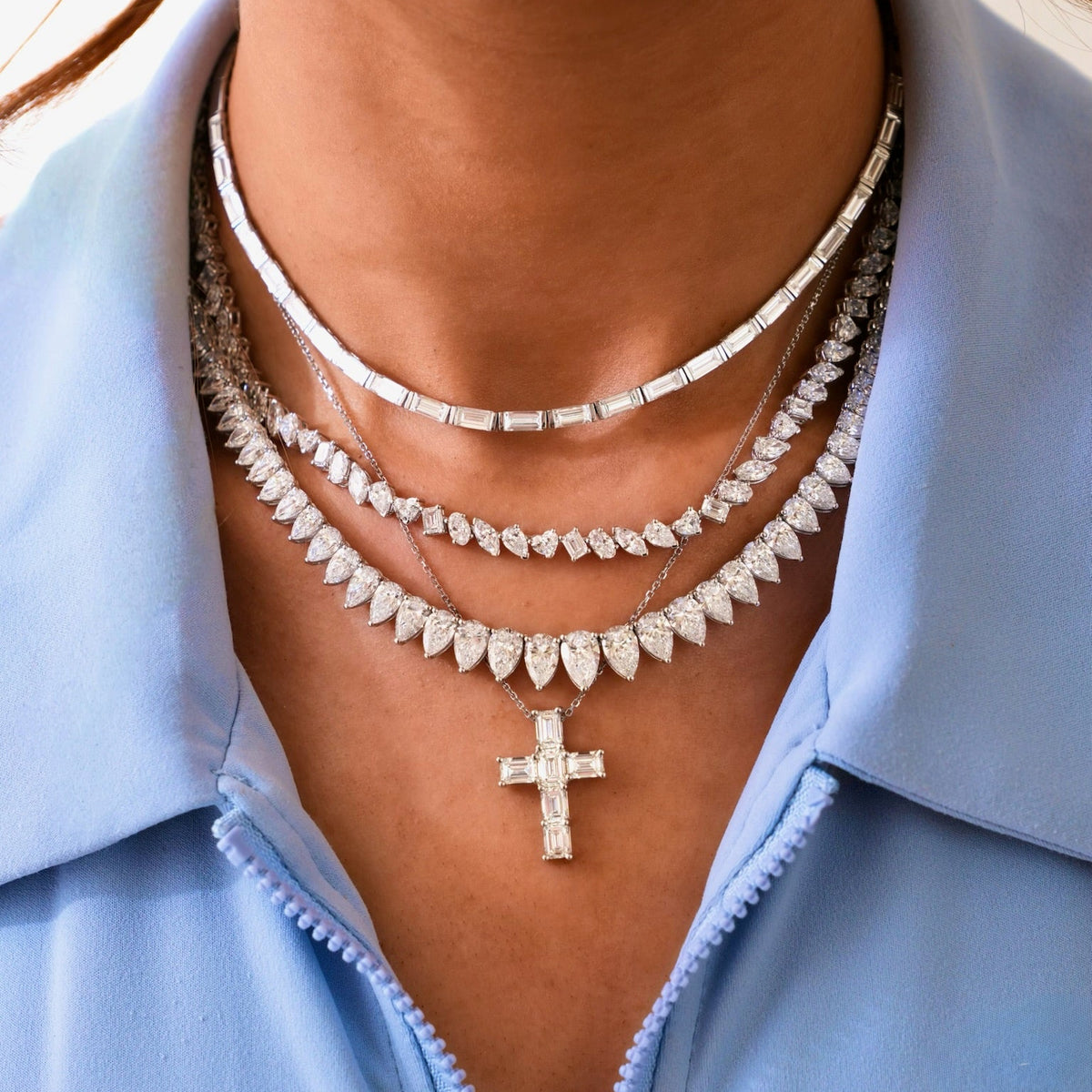 Bronwyn East to West Baguette Diamond Adjustable Choker Necklace 7.37 ctw
, Kyle emerald cross,Pruitt Multi Mixed Shape Diamond Tennis Necklace

