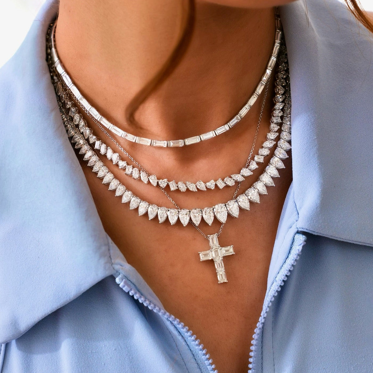 Bronwyn East to West Baguette Diamond Adjustable Choker Necklace 7.37 ctw
, kyle emerald cross necklace, Pruitt Multi Mixed Shape Diamond Tennis Necklace
The Greer Graduated Pear Edge Tennis Necklace 31.83 ctw