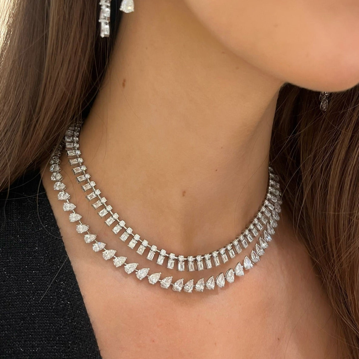 Dulce Baguette Diamond Station Collar Necklace 12.22 ctw, Tilted Pear Diamond Tennis Necklace