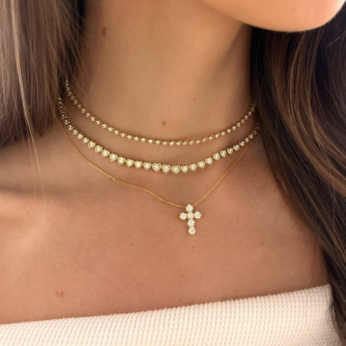 Tinx Floating Diamond Adjustable Choker/Collar Necklace 2.06 ctw, Harley Graduated Diamond Heart Bezel Tennis Necklace 2.87 ctw, Khloe Two Prong Diamond Cross Necklace