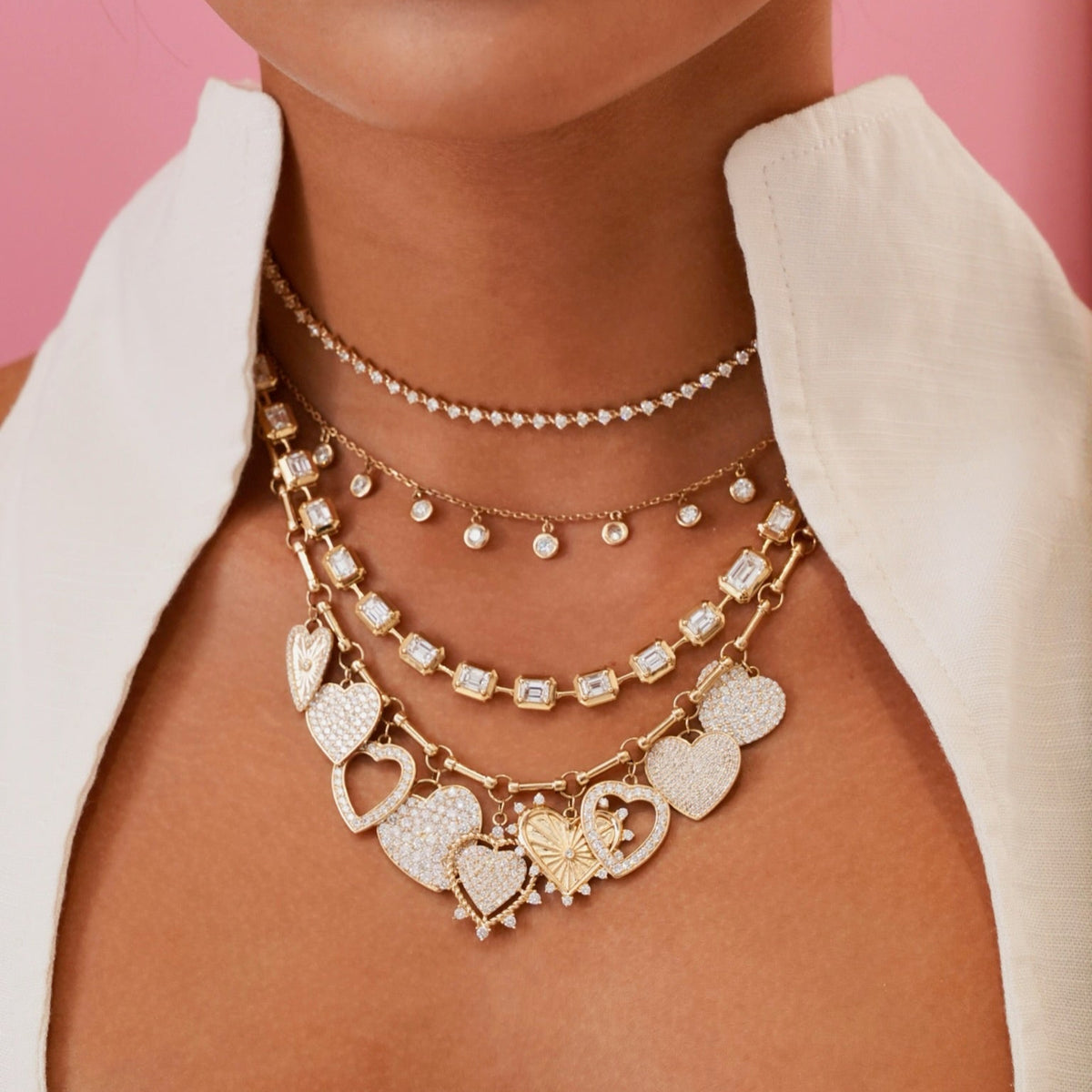 Tinx Floating Diamond Adjustable Choker/Collar Necklace,Faye Diamonds By The Yard Drop Necklace ,Clara Mae Graduated Emerald Cut Diamond Necklace 15.32 ctw,Miss Matthews Dangling Adjustable Heart Charm Necklace 5.63 ctw,