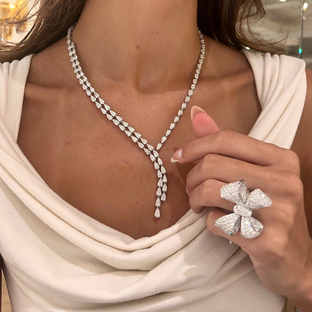 Martha May Pave Diamond Bow Cocktail Ring 5 ctw, Tulane Pear Diamond Double Lariat
