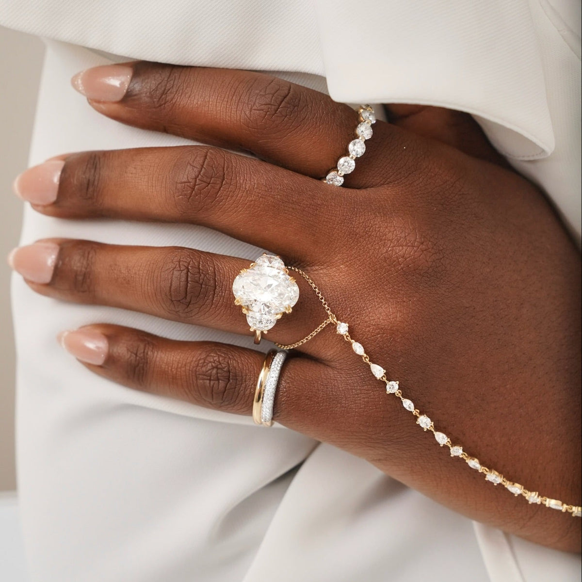 Two-Tone Gold & Pave Diamond Illusion , "It girl" Multi Mixed Shape Diamond Hand Chain 2.65 ctw