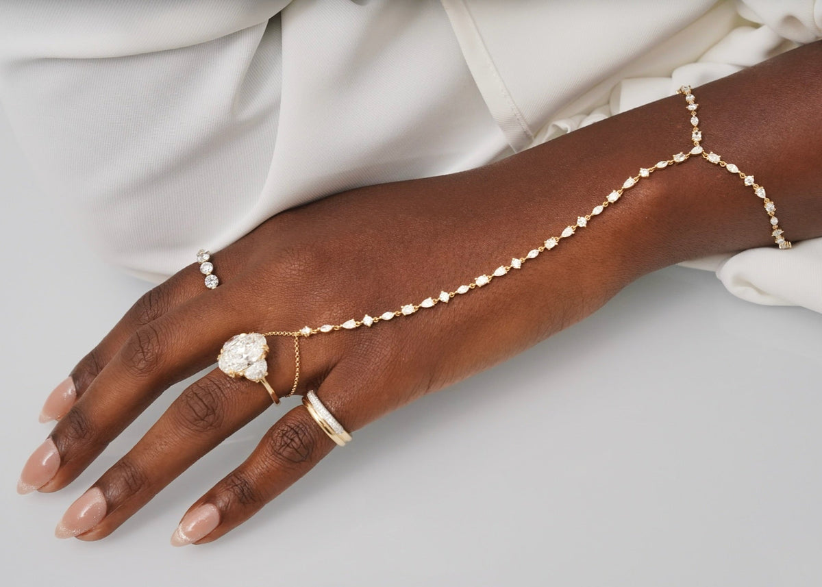 Two-Tone Gold & Pave Diamond Illusion , "It girl" Multi Mixed Shape Diamond Hand Chain 2.65 ctw