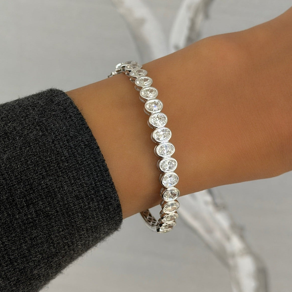 Oval Bezel Diamond Bangle Bracelet 5.35 ctw WG