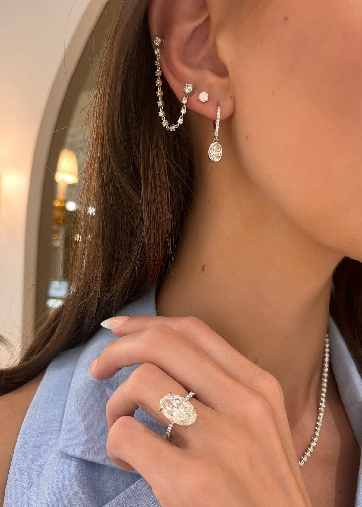 Bezeled Oval Diamond Dangle Earrings 1.79 ctw, Wilhelmina Double Piercing Diamond Stud Earring