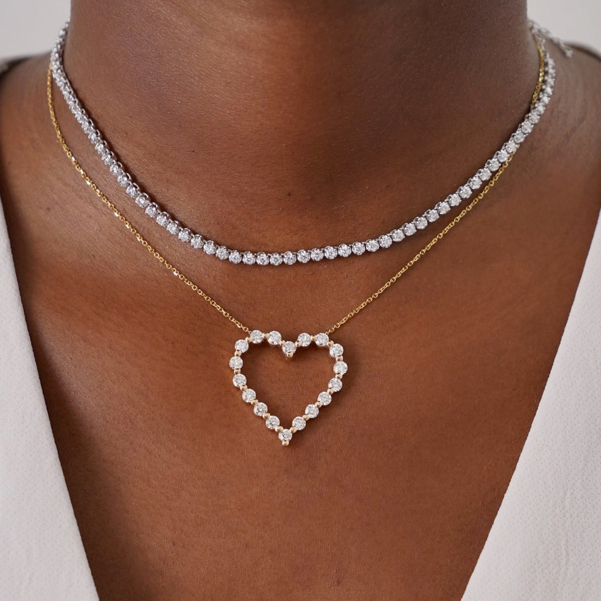 Midi Charlie Cloud® Floating Diamond Heart Necklace 2.16 ctw YG, Everleigh Adjustable Diamond Tennis Collar Necklace