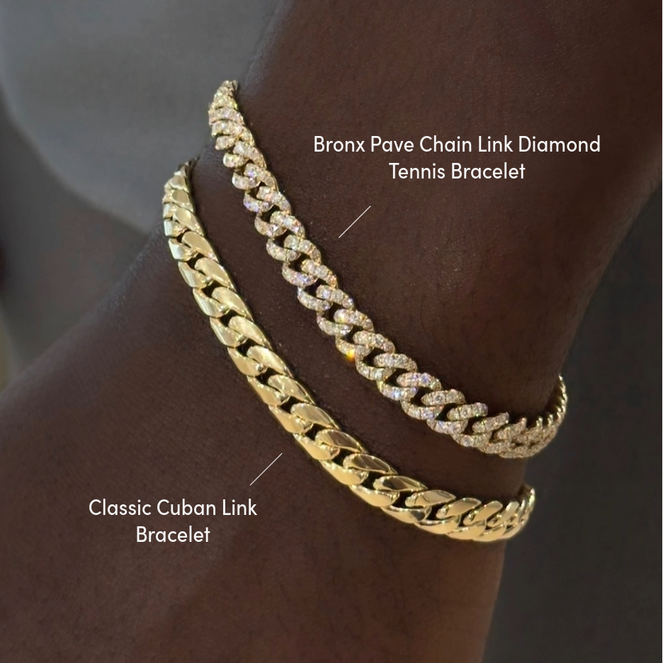 bronx pave chain link diamond tennis bracelet, classic cuban link bracelet 