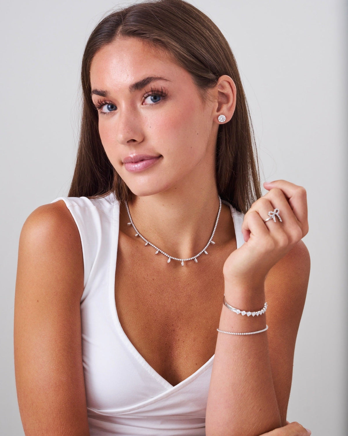 mamas Charlie Cloud®  tennis bracelet and hollis bow ring, Jori Marquise Illusion Diamond Necklace 7.23 ctw
