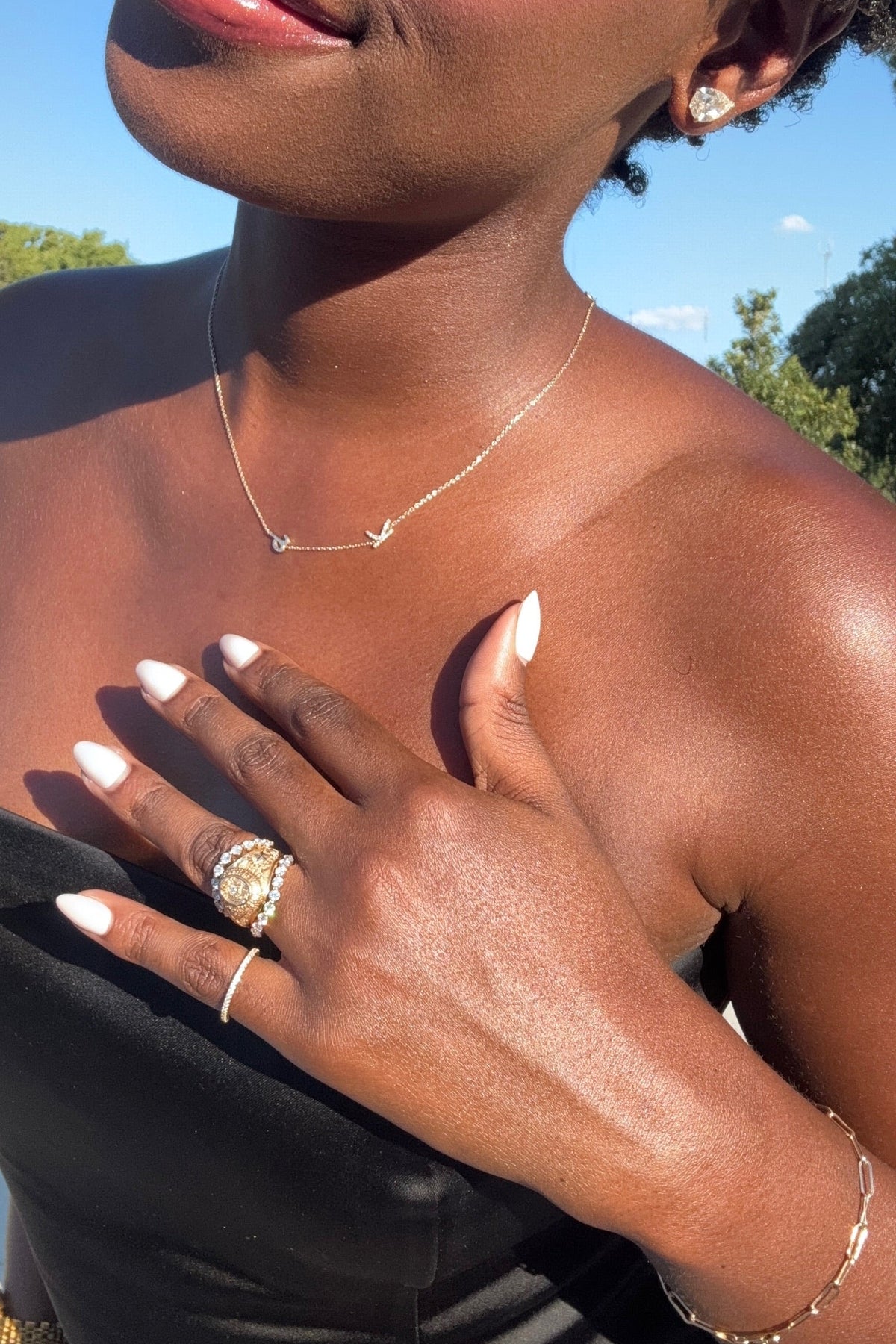 layla band, baby Charlie Cloud®  curved bands and the custom initial diamond name neckalce, 6 ctw pear earrings