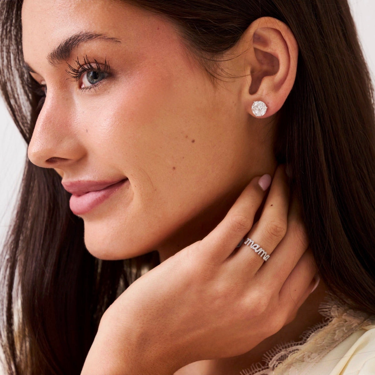 mama script diamond ring WG and diamond stud earrings