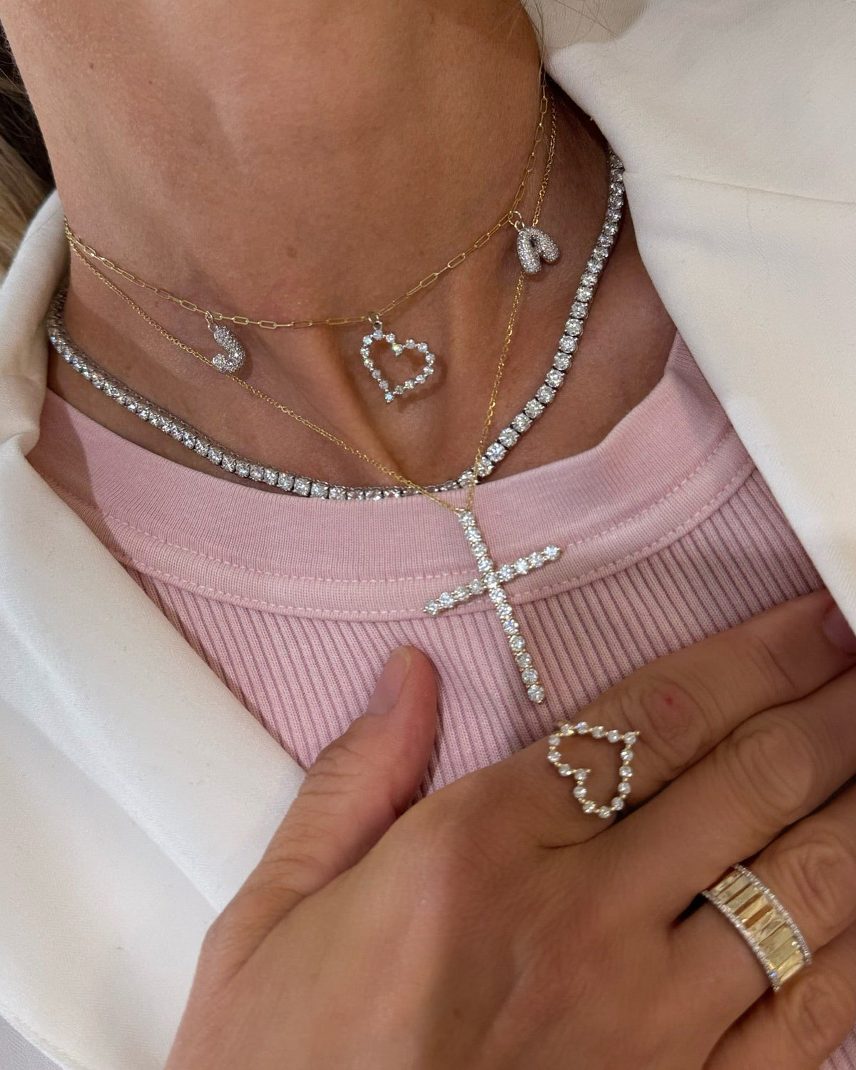 Charlie Cloud®  heart charm, bubble letter charms gracie cross little posie Charlie Cloud®  heart ring, 1.55 mm paperclip chain, Amanza Fluted Diamond Eternity Band
