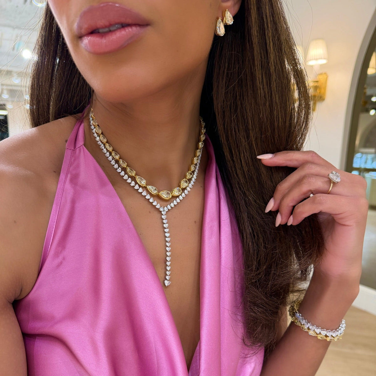 Mayfair Diamond Heart Lariat Necklace 29 ctw, Deux Double Fancy Yellow Pear Diamond Cluster Earrings 10.94 ctw