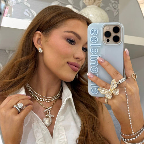 "It girl" Multi Mixed Shape Diamond Hand Chain 3.50 ctw,Lab Grown Bezel Set Pear Shaped Diamond Studs (10ctw), Acadia Asscher Cut Diamond Butterfly Cocktail Ring 7.00 ctw, Muse Dangle Bezeled Diamond Adjustable Necklace 4.55 ctw, Georgian Set Diamond Cross Necklace